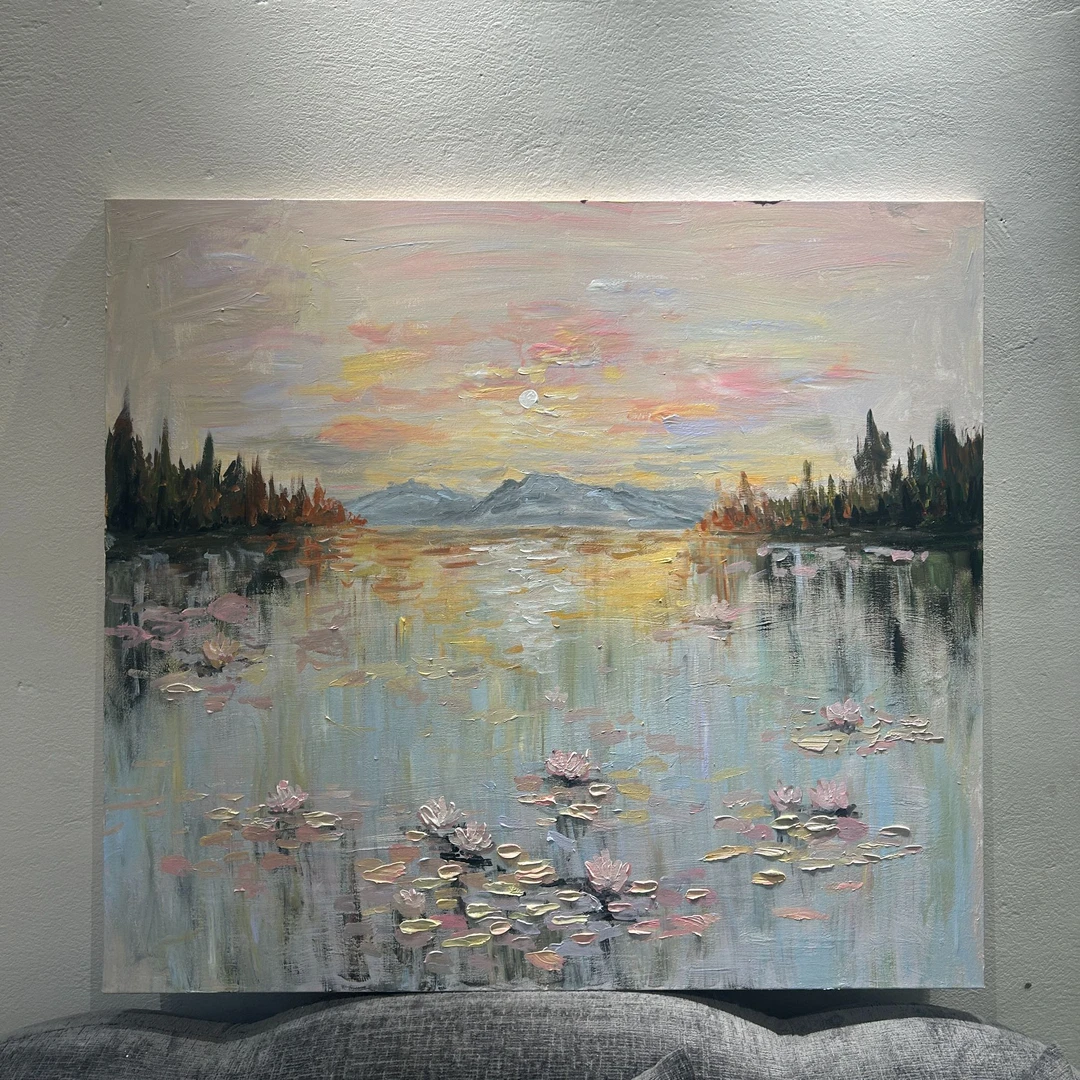 油画手绘原创《晨光睡莲》北欧餐厅挂画玄关客厅背景墙装饰画家装