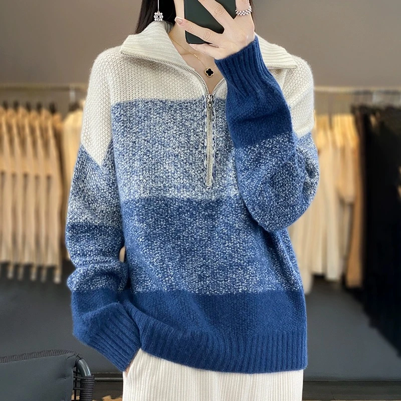 流行别致独特港味复古chic高领半拉链针织衫2024秋冬季宽松毛衣女