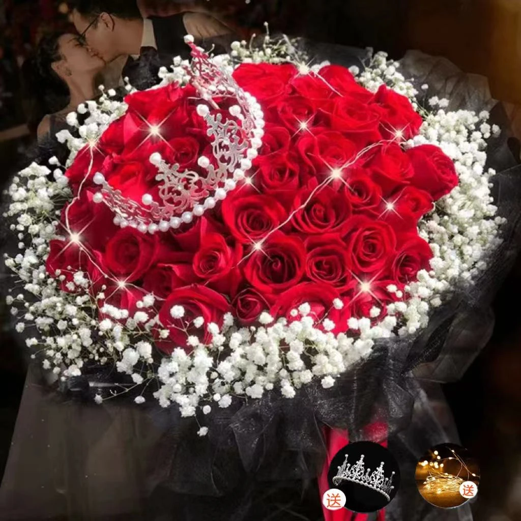 【爱你三生三世】33朵红玫瑰送皇冠送女朋友情人节结婚纪念花束生日鲜花同城花店送花上门