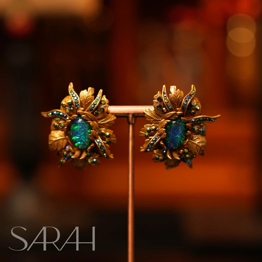 铜合金合成锆石耳饰 DearLisa.精工系列 复古蓝色树叶925银针耳钉