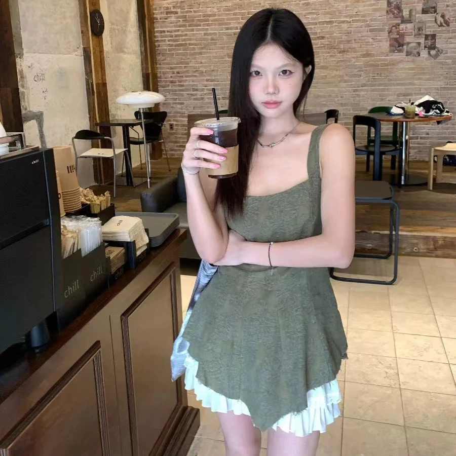 美式复古套装不规则毛边提花背心女夏季蛋糕裙短裙两件套