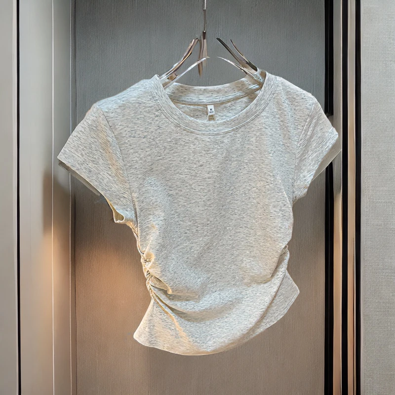欧美纯色正肩t恤短袖女修身显瘦短款卡腰百搭收腰灰色圆领上衣夏