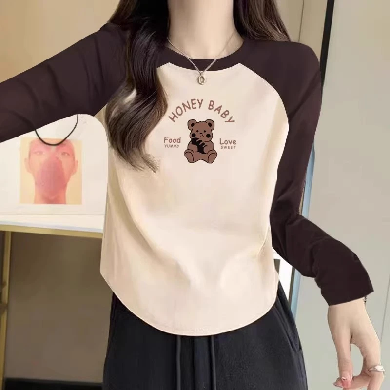 德绒插肩美式复古拼色长袖t恤女打底衫2024新款秋冬装短款上衣ins