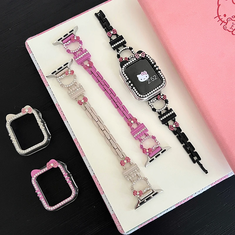 适用苹果手表s10表带镶钻凯蒂猫金属iwatchs9 8 7 6 se2表带女生