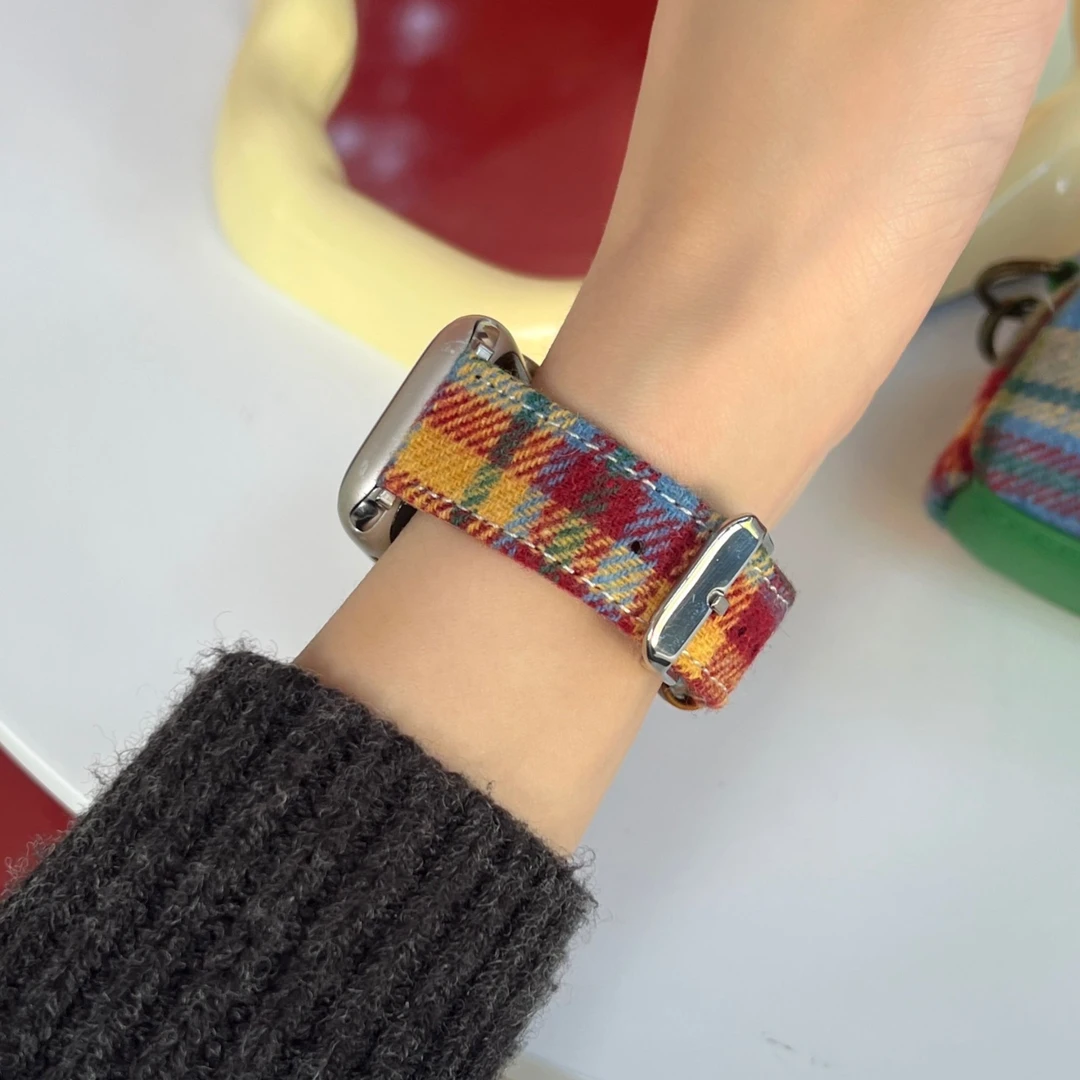 适用小米手环9pro表带彩虹格纹内皮质8pro红米watch5/4表带女生