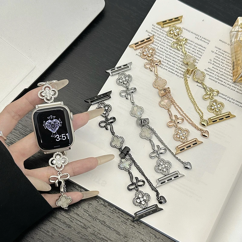 适用苹果手表表带四叶草钻蝴蝶结金属iwatchs10 9876 se2表带女款