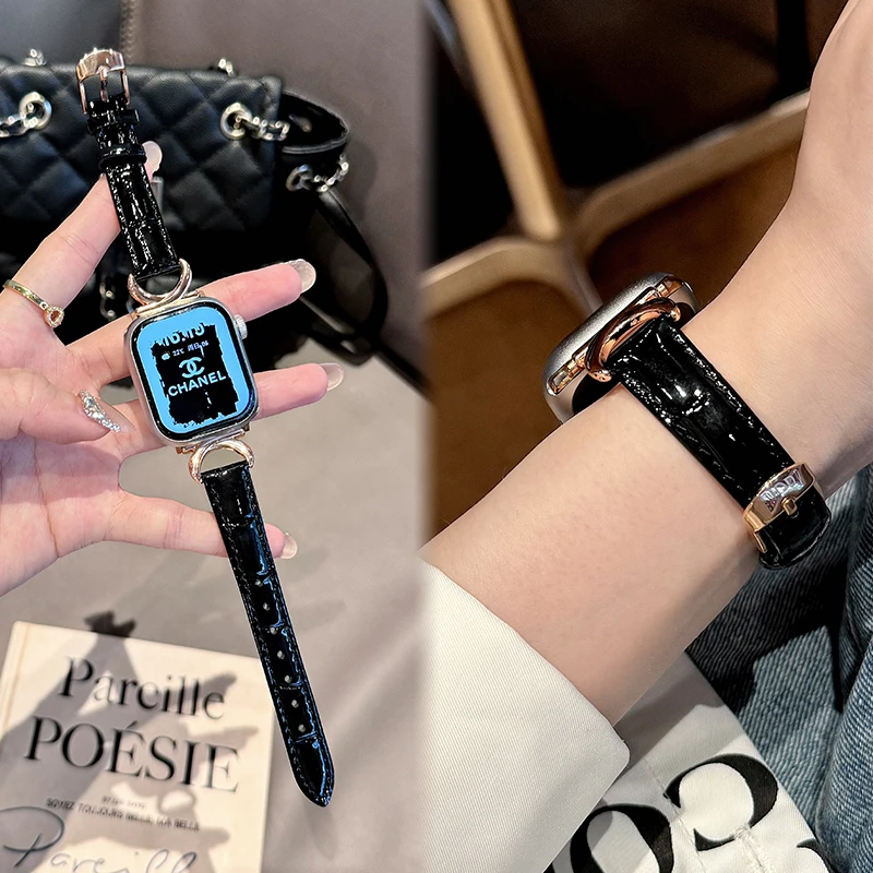 适用苹果手表s10表带轻奢竹节纹皮质iwatchs9 s8 s7 6 se表带女生