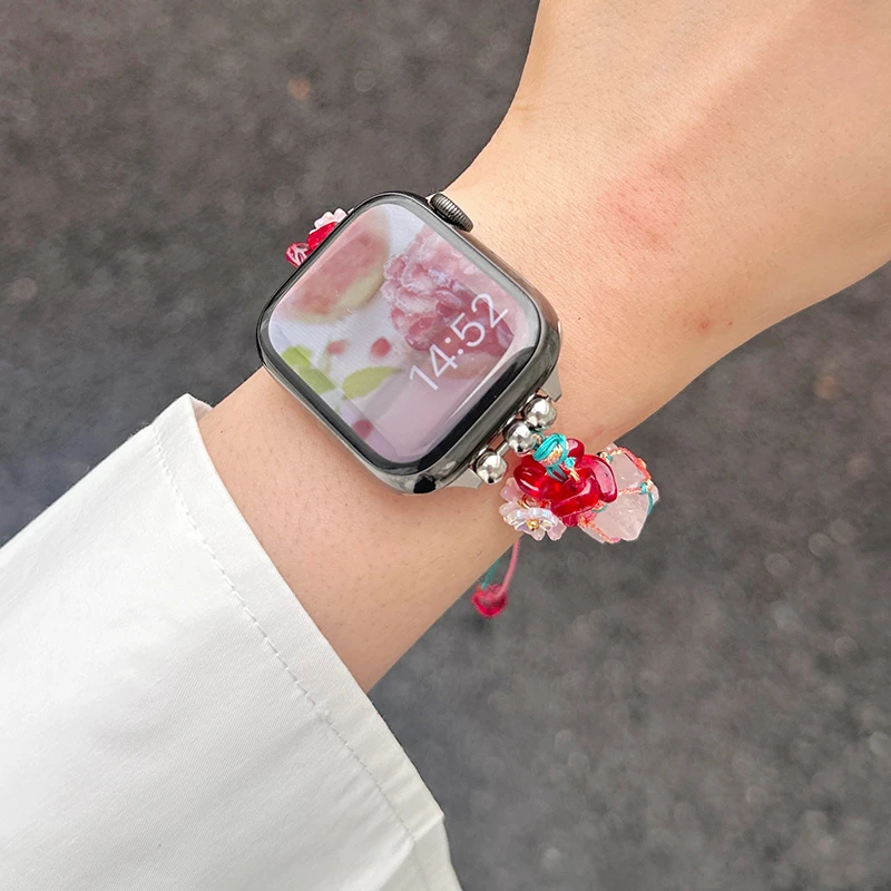 适用苹果手表s10表带森系繁花彩石手绳iwatchs9876 se2表带女生