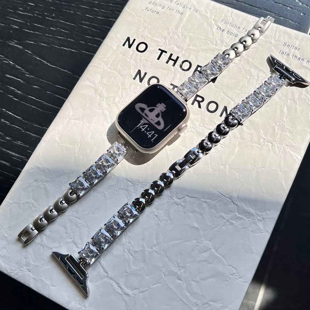 适用苹果手表s10表带轻奢超闪冰块钻铜链iwatchs987se2表带女生