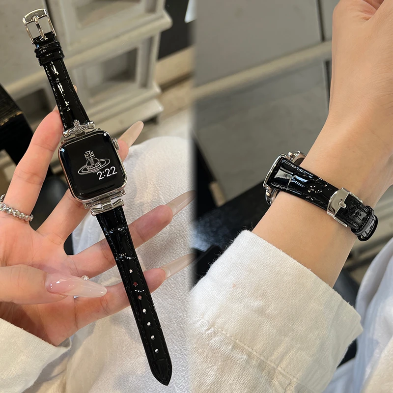 适用苹果手表s10表带土星冰丝鳄鱼纹皮质iwatchs9 s8 s7 se表带女