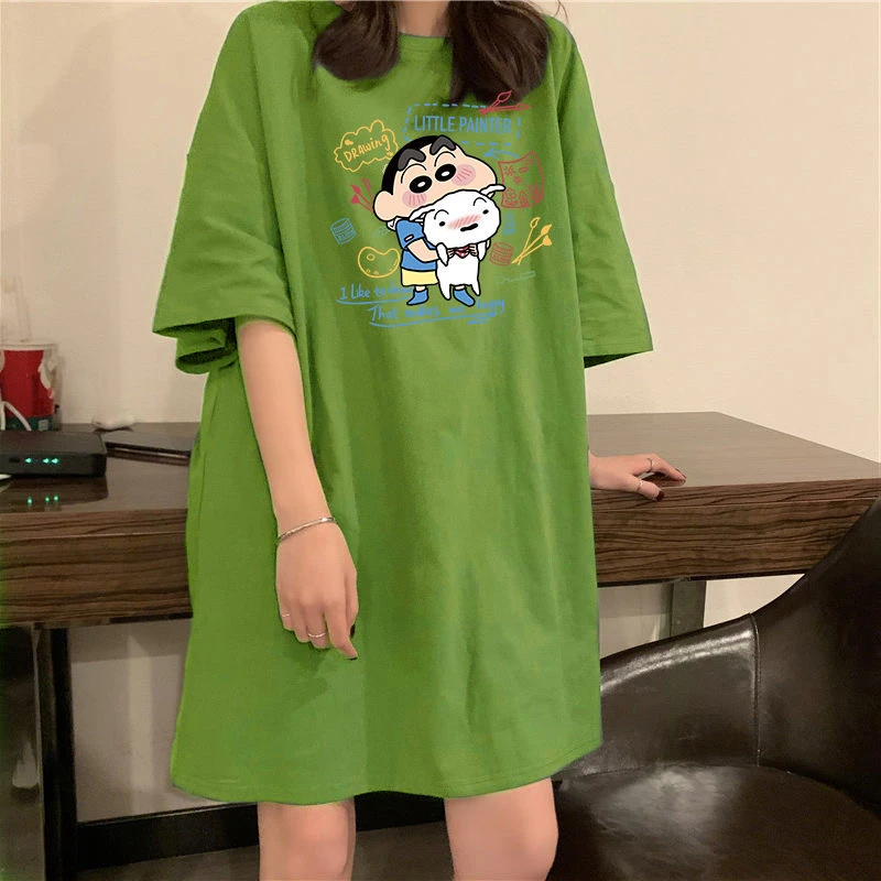 夏季短袖睡裙女简约新款宽松大码睡衣中长款圆领可外穿印花家居服