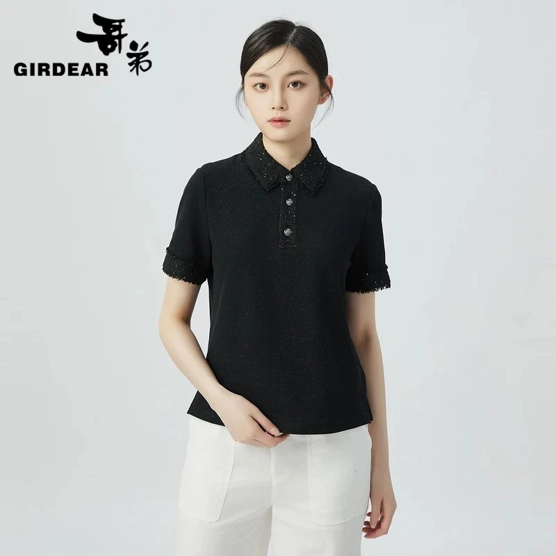 哥弟 新款精致粗花呢拼接小香短袖Polo领上衣(2色)1300924