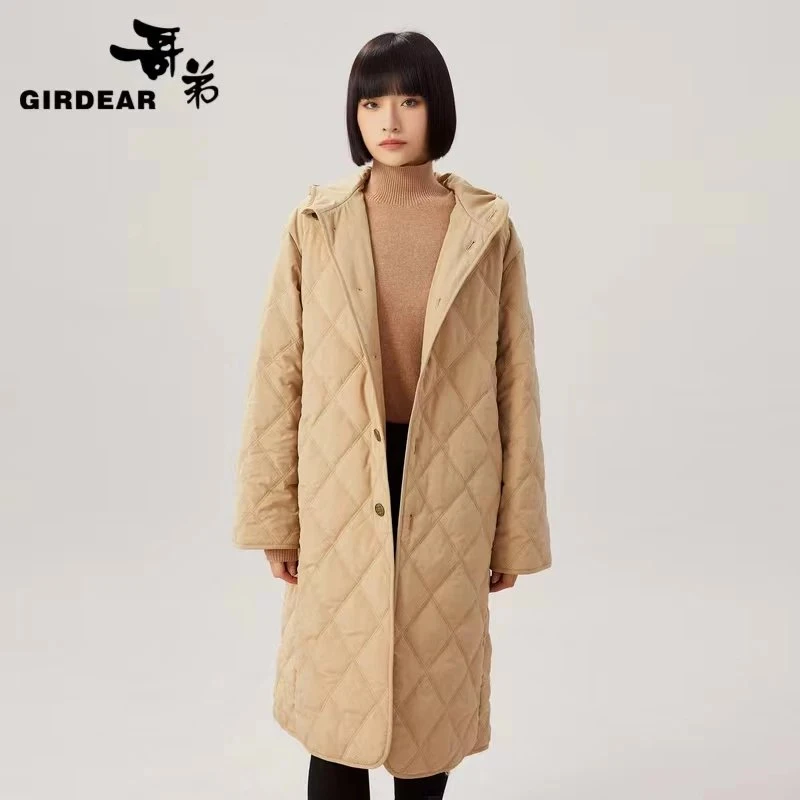 哥弟菱格中长款连帽雪丽绒棉服（3色）1400647