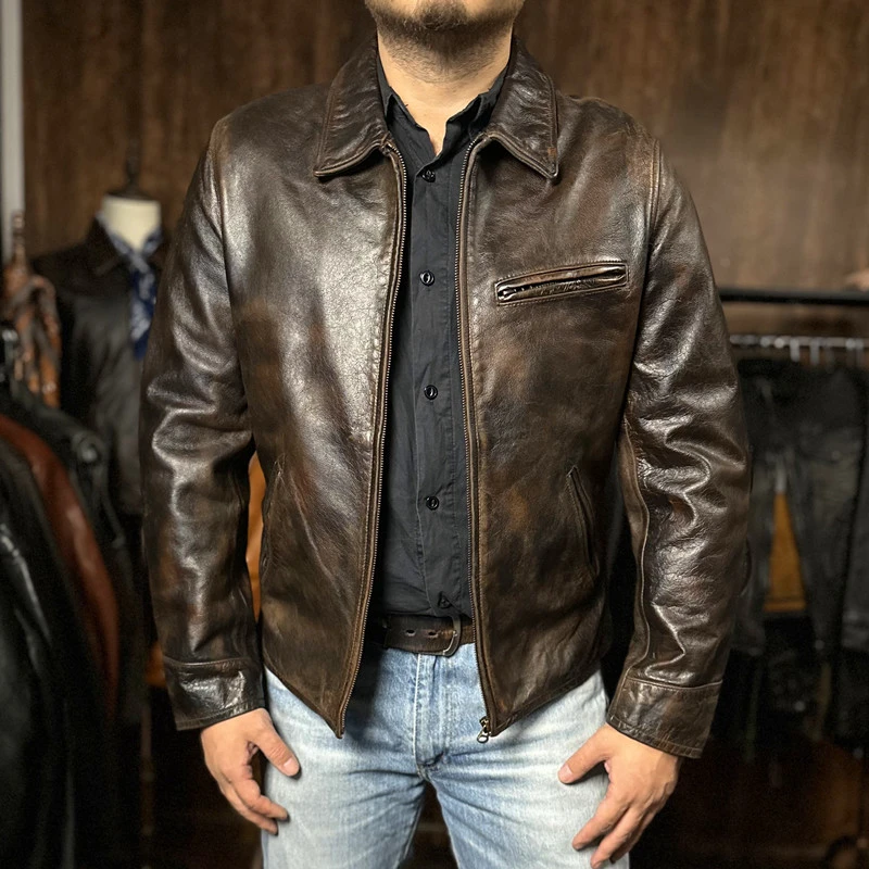 复刻经典1930款牛皮做旧真皮皮衣短款美式修身棕色复古1930皮衣