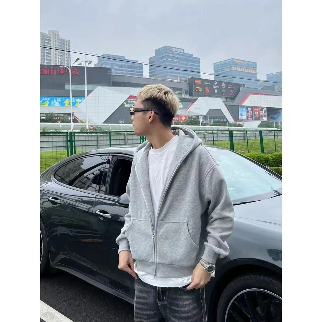 【怪兽实验室】简约纯色拉链ins连帽卫衣cleanfit重磅廓形加绒外套