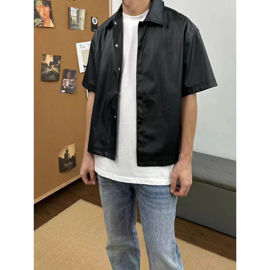 【怪兽实验室】美式痞帅夏季高级感设计感pu哑光蛋壳皮衣百搭短袖