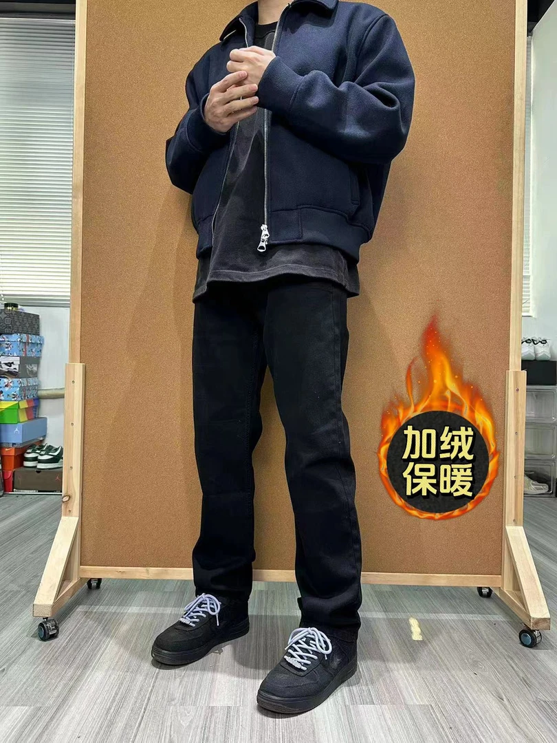 【怪兽实验室】美式加绒秋冬显瘦高弹直筒休闲黑色大码保暖牛仔裤