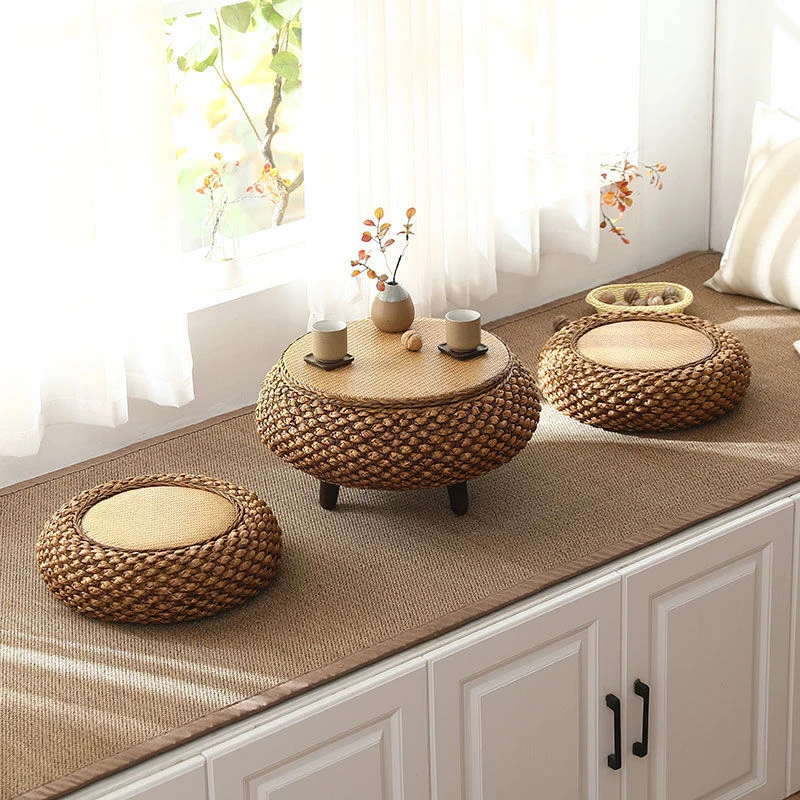 （收纳储物飘窗桌）藤编手工飘窗桌榻榻米小桌子圆桌飘窗小茶几实木