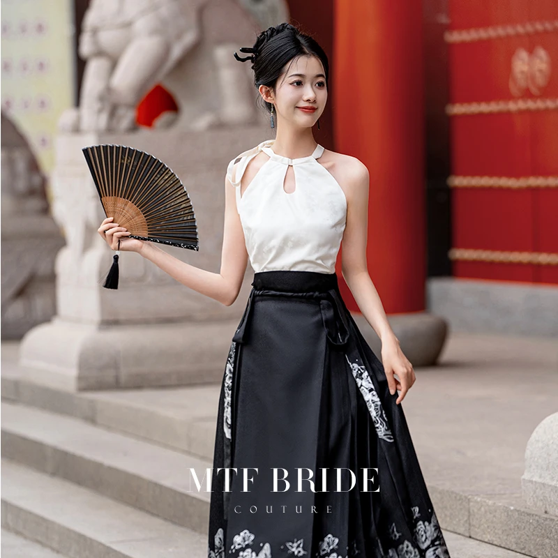 满庭芳【花蝶笺】新中式黑色马面裙套装2024夏季新款日常可穿