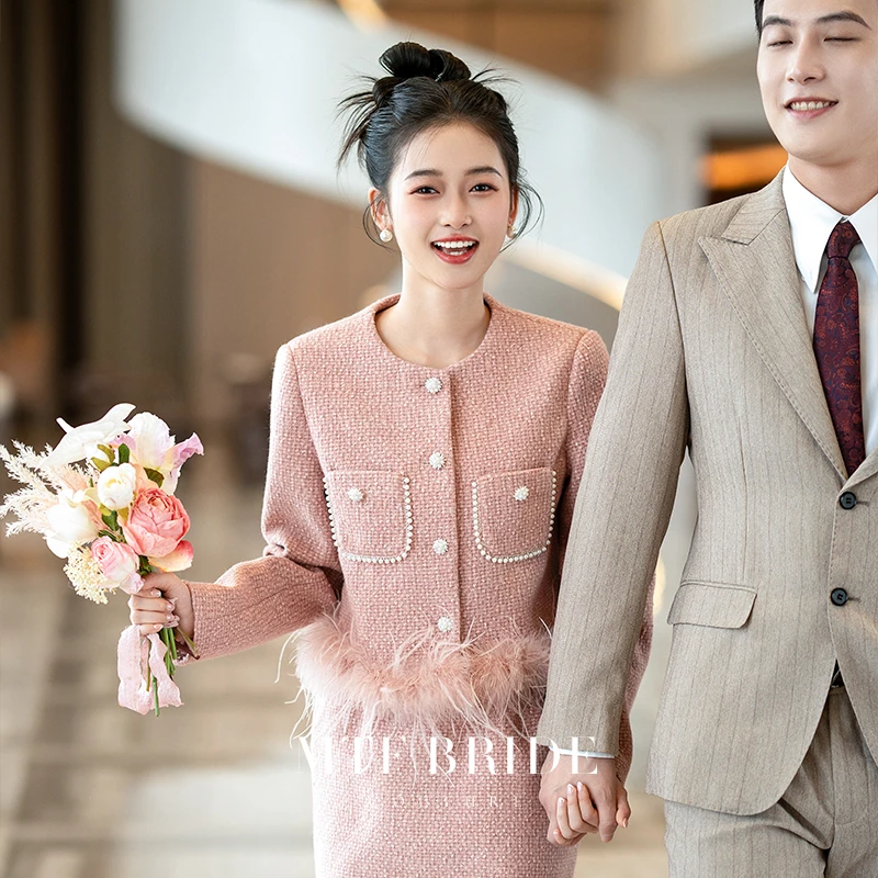 满庭芳粉色小香风套装女新款外套半身裙两件套日常小香风礼服