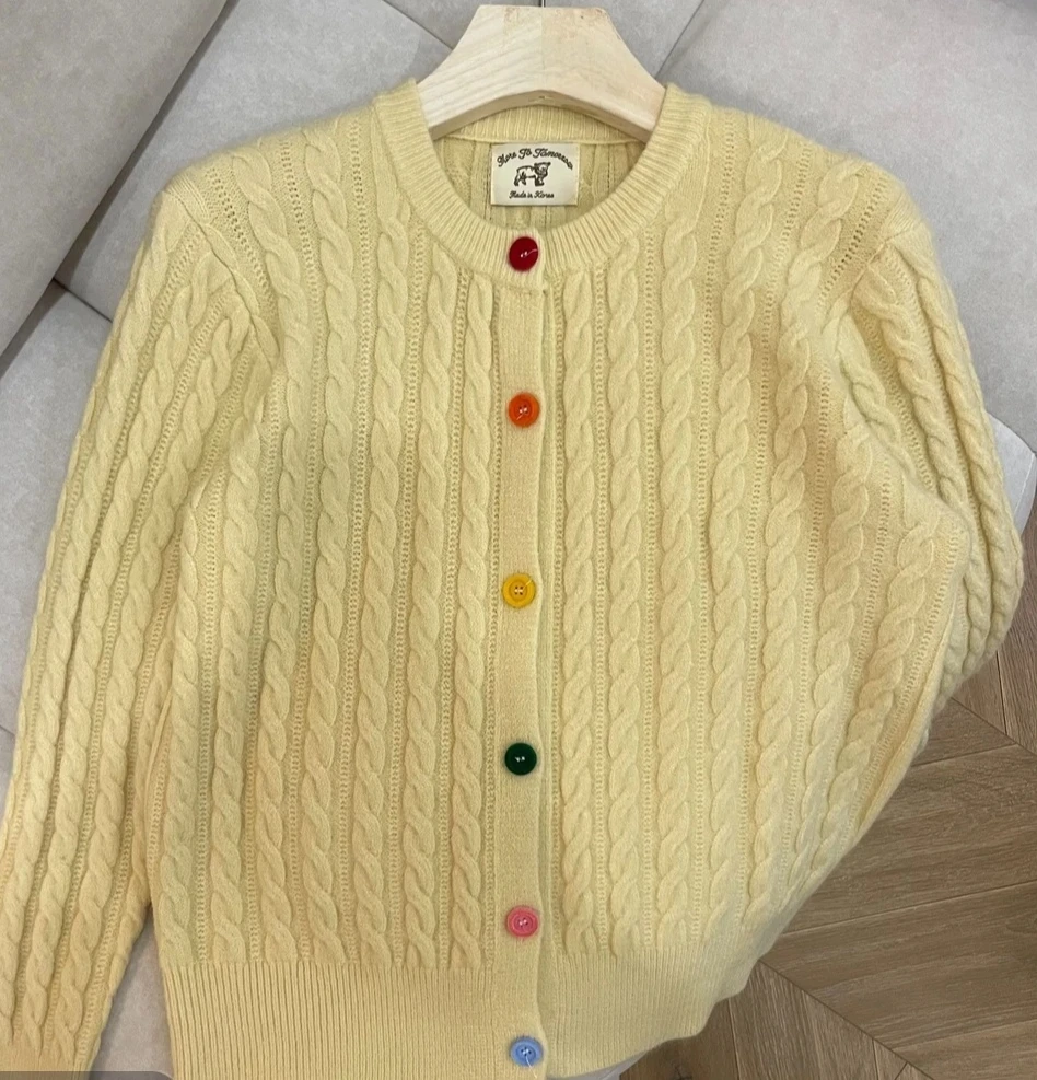 egg 韩国ins彩扣麻花毛衣开衫外套女秋温柔复古百搭上衣