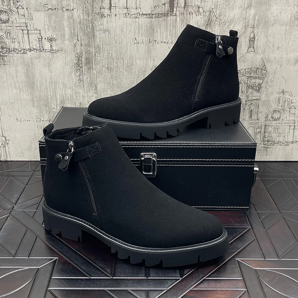 秋冬季男靴子舒适拉链厚底保暖潮男休闲鞋短筒尖头皮靴马丁靴短靴