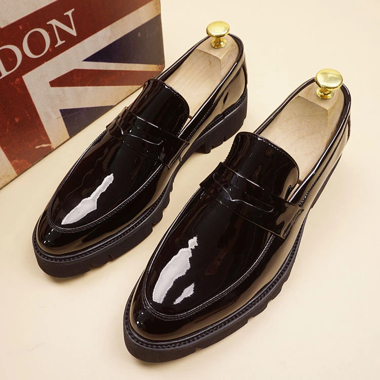 英伦风新款套脚男鞋潮流韩版尖头厚底漆皮皮鞋增高商务百搭休闲鞋