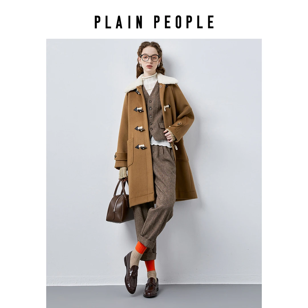 PLAIN PEOPLE复古翻领学院长款牛角扣绵羊毛毛呢大衣外套2024冬款