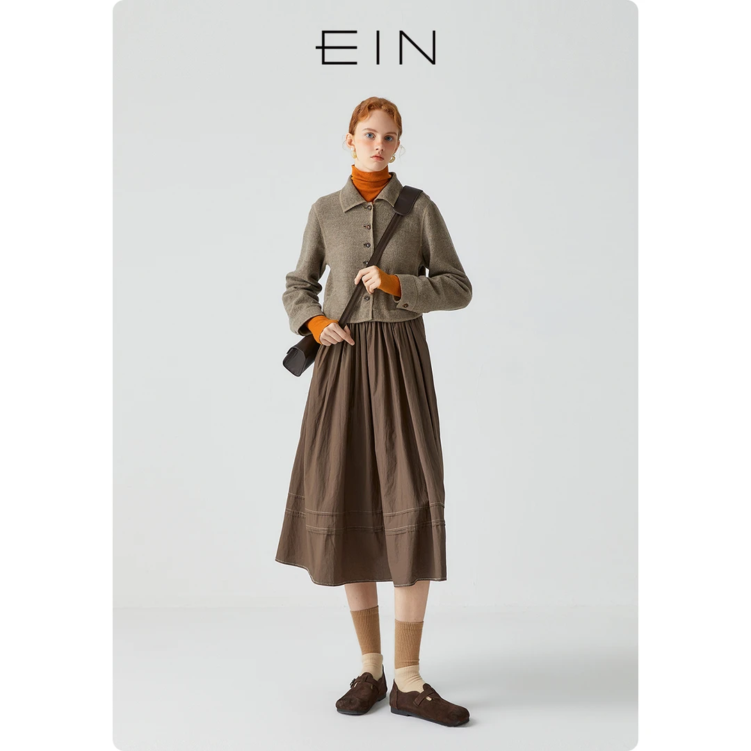 EIN/言雅丹风【空气羊毛】刺绣翻领绵羊毛拼接美拉德连衣裙女