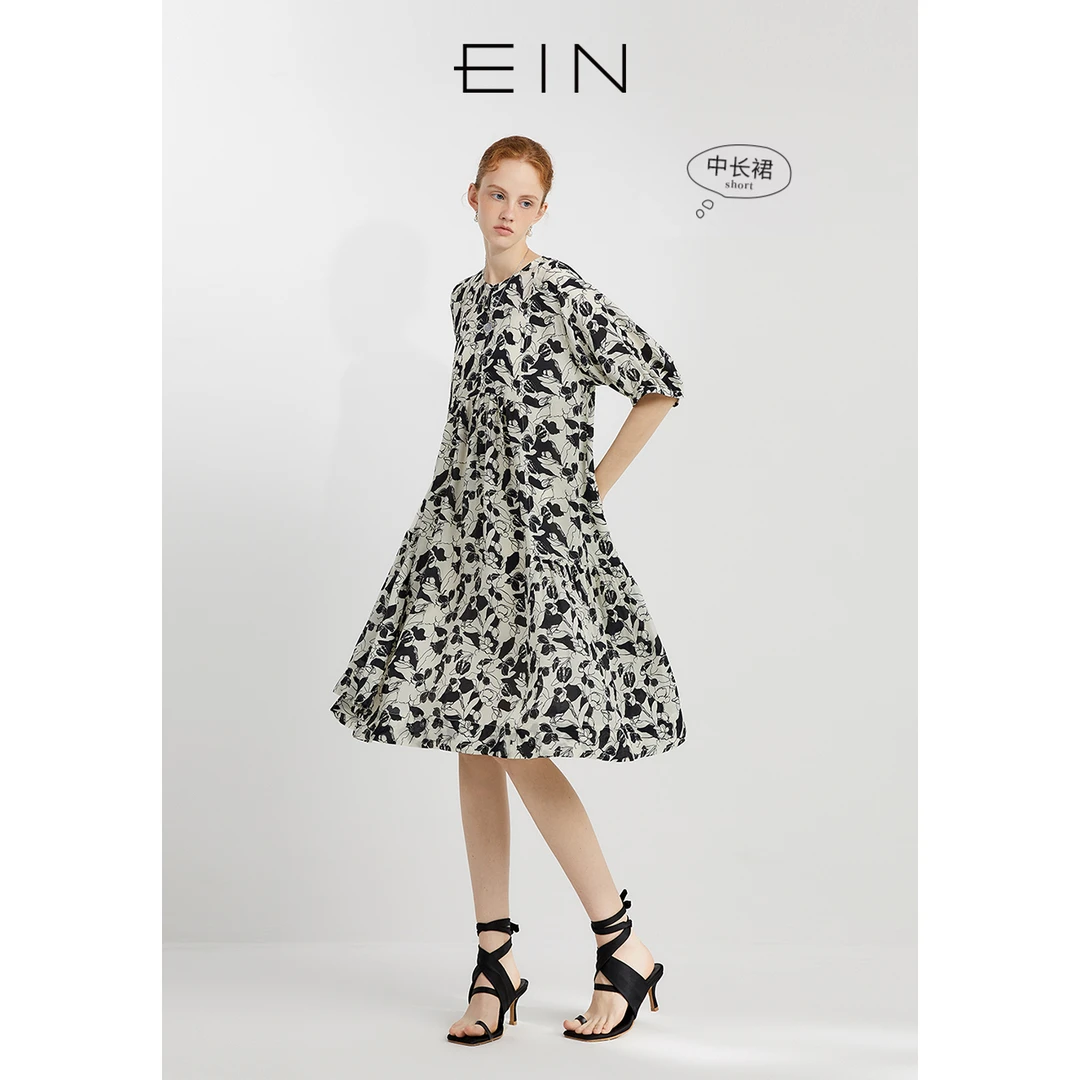 EIN/言【木兰铅笔画】文艺线迹印花圆领浪漫A字连衣裙女25秋款