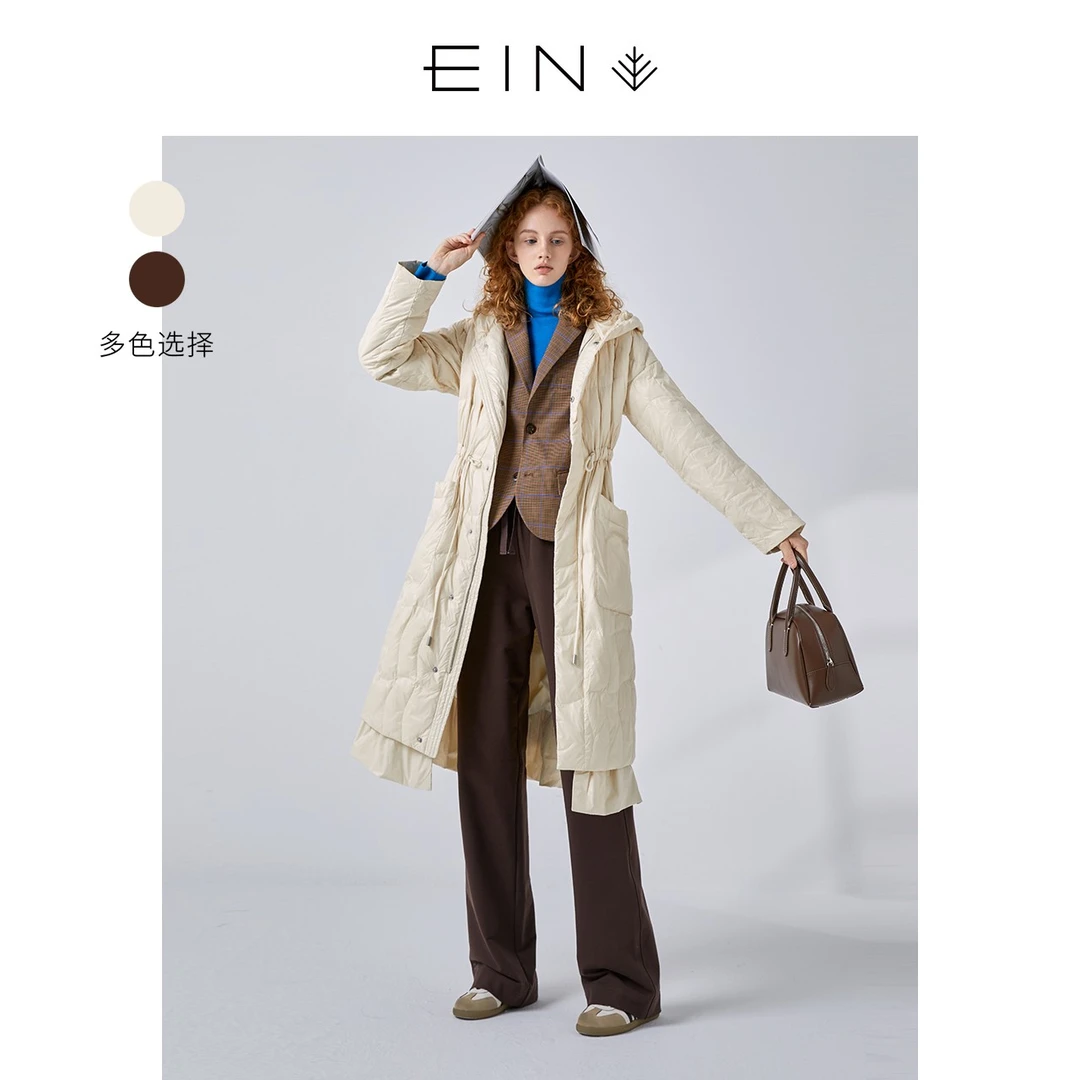 EIN/言雅丹风秋冬外套中长款拼接连帽抽绳收腰文艺原创轻羽绒