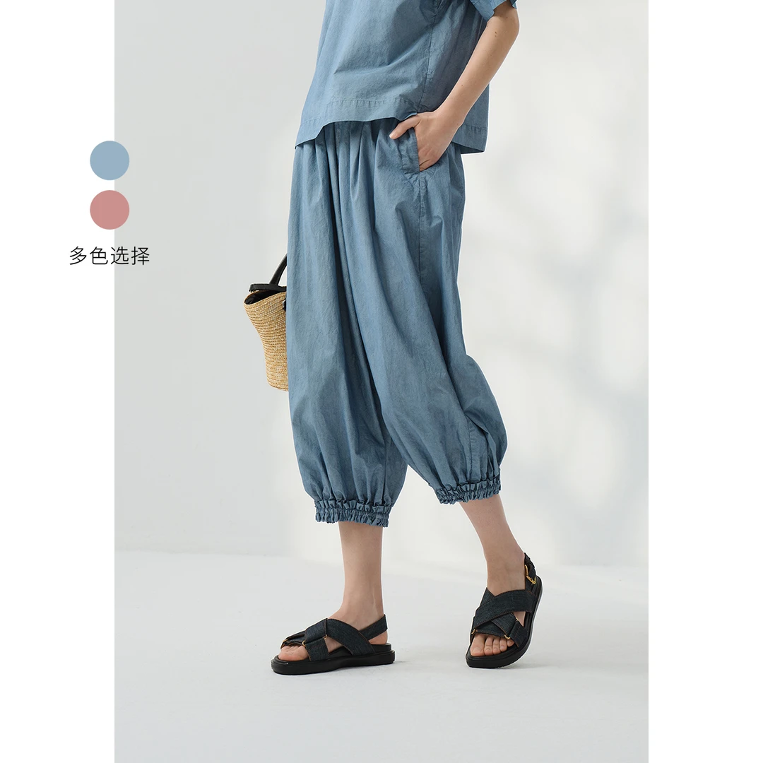 EIN/言文艺简约轻户外木耳花边收脚立体收褶宽松灯笼裤25夏季款