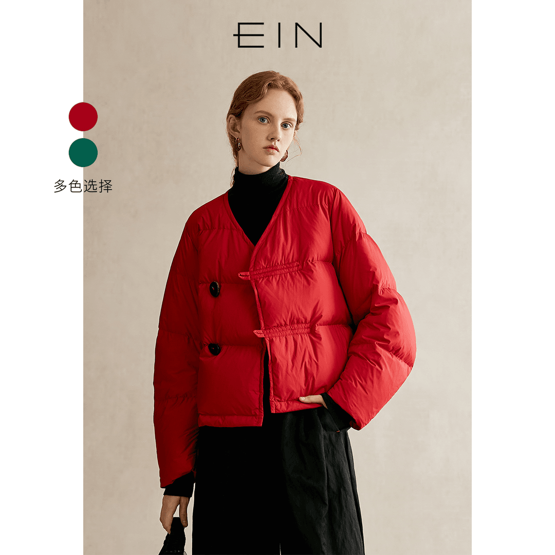 EIN/言【商场同款】轻中式云感偏襟V领箱型鹅绒短羽绒服23秋冬新款