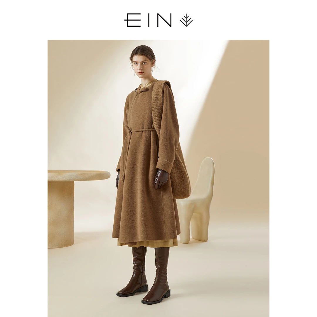 EIN/言24冬新品复古文艺气质新中式斜门襟中长款大衣女EC0703A41