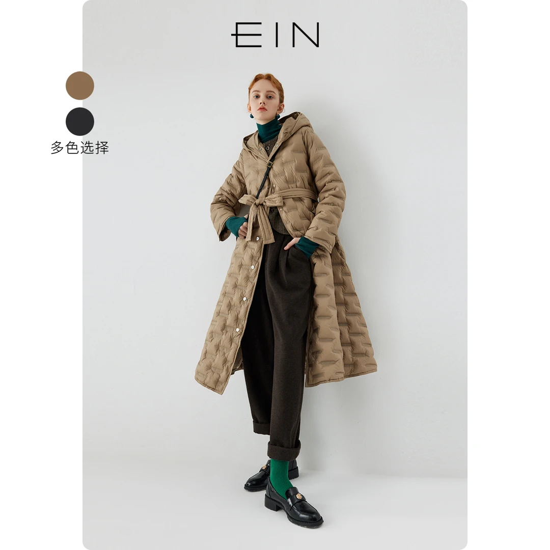 EIN/言雅丹风文艺复古保暖显瘦连帽轻简鹅绒热力感羽绒服女装