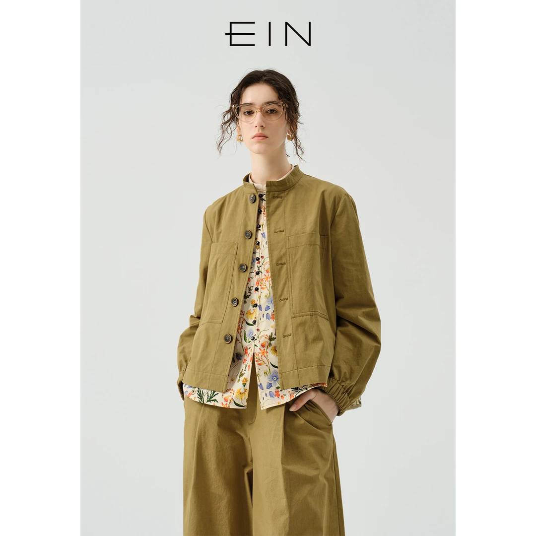 EIN/言古着复古文艺感夹克式立领棉短款外套上衣女装24年早春新款