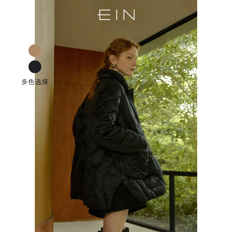 EIN/言轻简风海浪绗线轻暖鸭绒俏皮云朵领中长羽绒服25秋冬新款