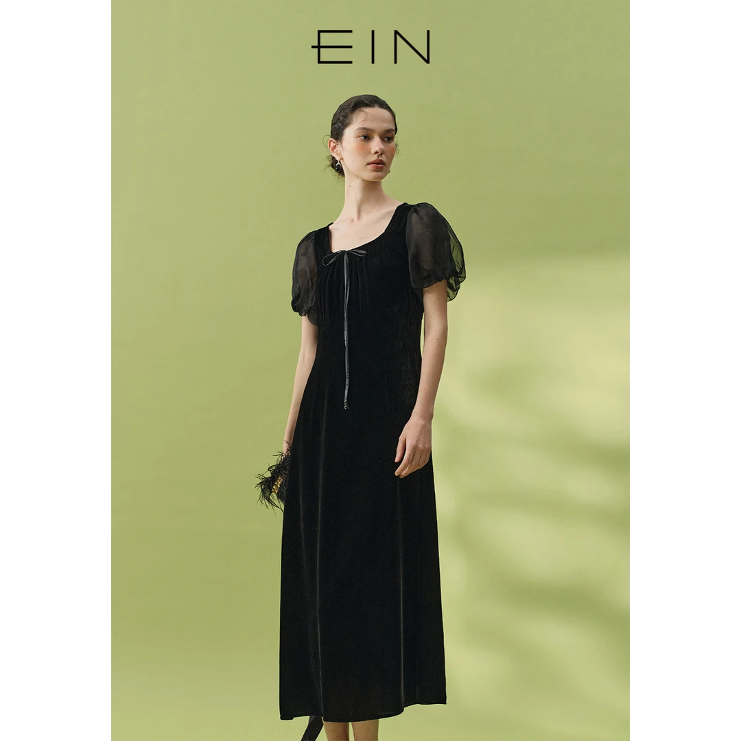 EIN/言文艺气质轻礼服乔绒宫廷感U型领系带连衣裙女装25夏季款