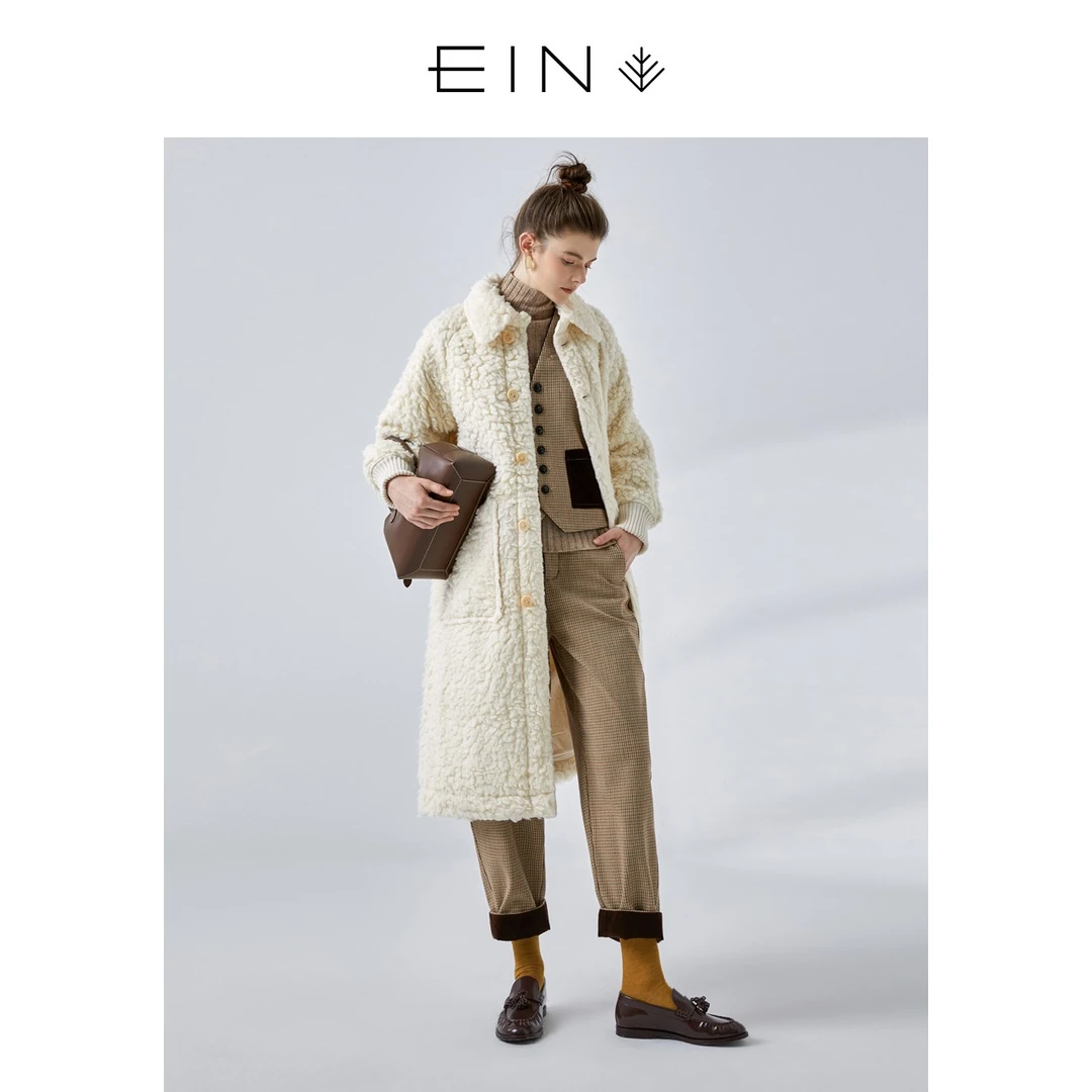 EIN/言设计师款新品文艺保暖落肩H型中长款毛呢外套女WH0703341