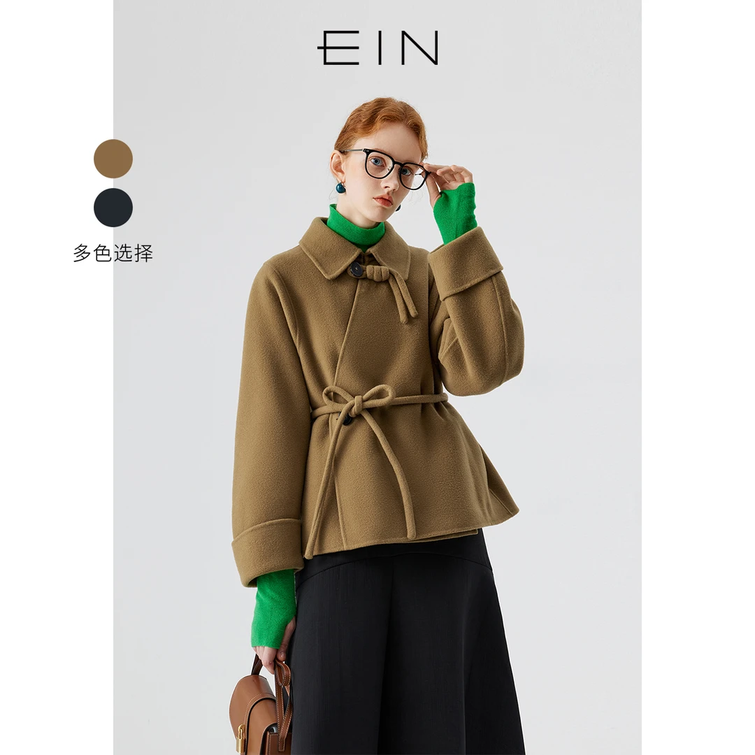 EIN/言雅丹风新中式美拉德盘扣绵羊毛复古宽松休闲毛呢短款