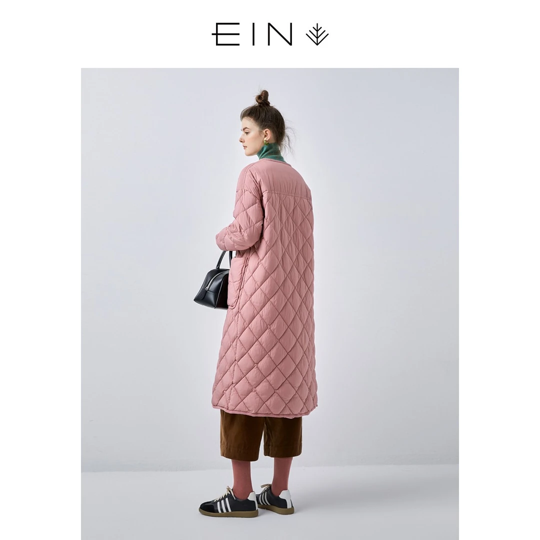 EIN/言2024秋冬小香风休闲文艺中长款菱形绗缝泡芙轻羽绒服外套女