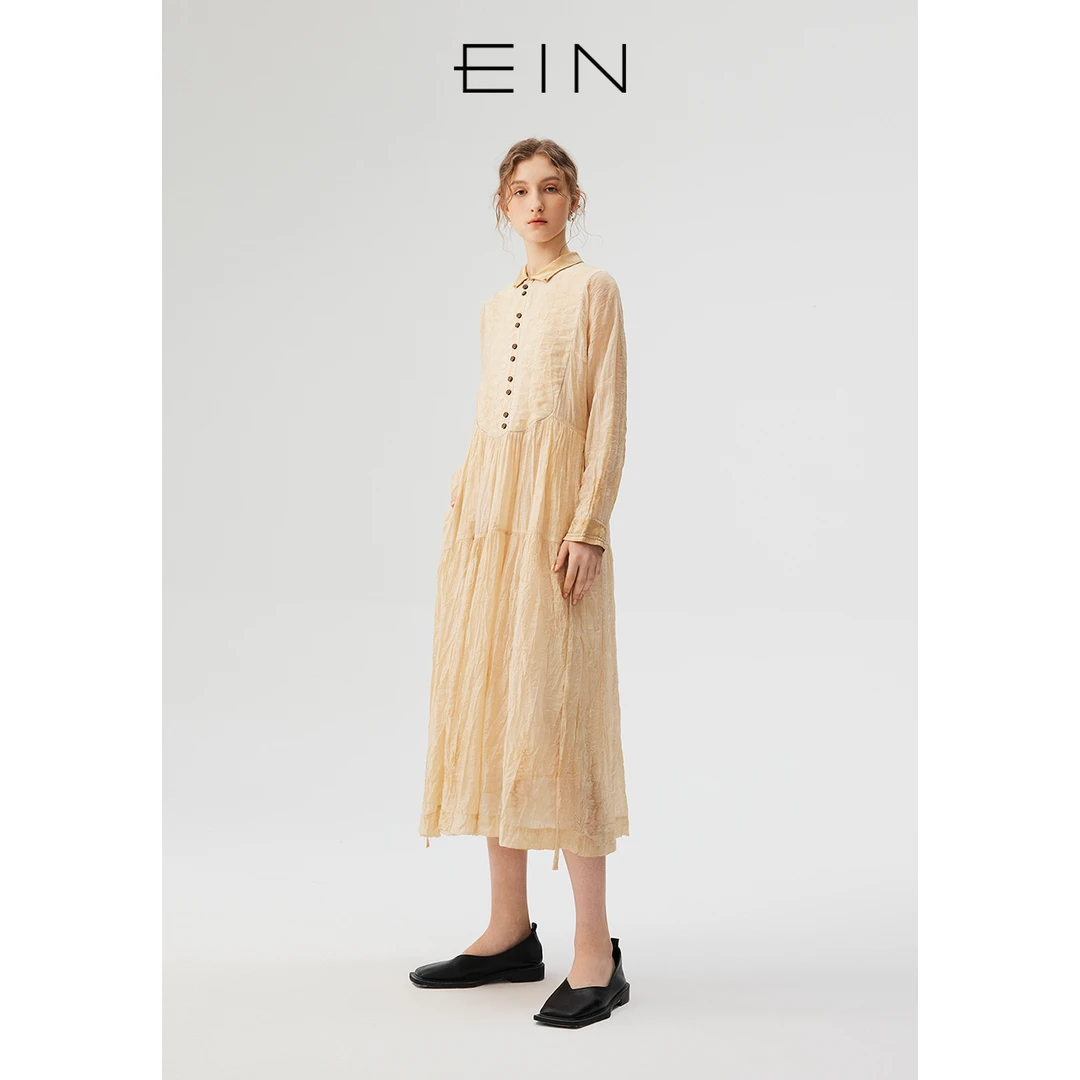 EIN/言【商场同款新品】蔷薇提花炒色翻领蛋糕裙长袖连衣裙新款女