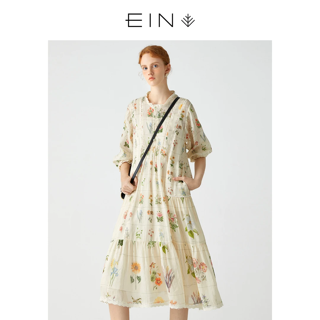 EIN/言【花卉博物馆】 法式复古百花图鉴印花长袖连衣裙24早春