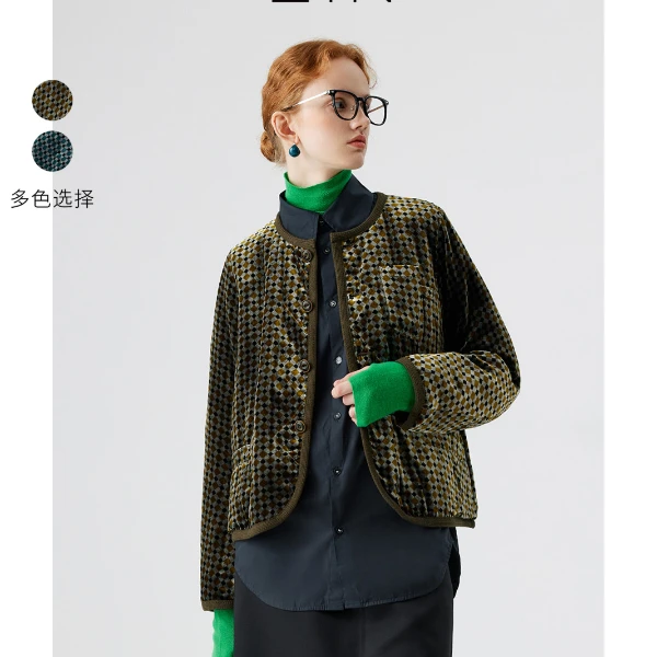 EIN/言文艺气质复古率性菱格乔绒光泽感休闲个性短外套女装