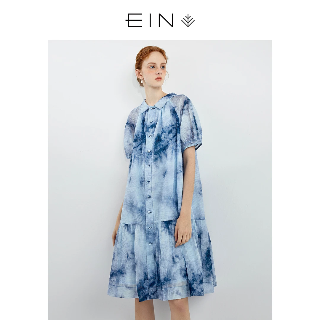 EIN/言全棉盐缩晕染花短袖宽松多巴胺连衣裙女度假休闲25夏季款