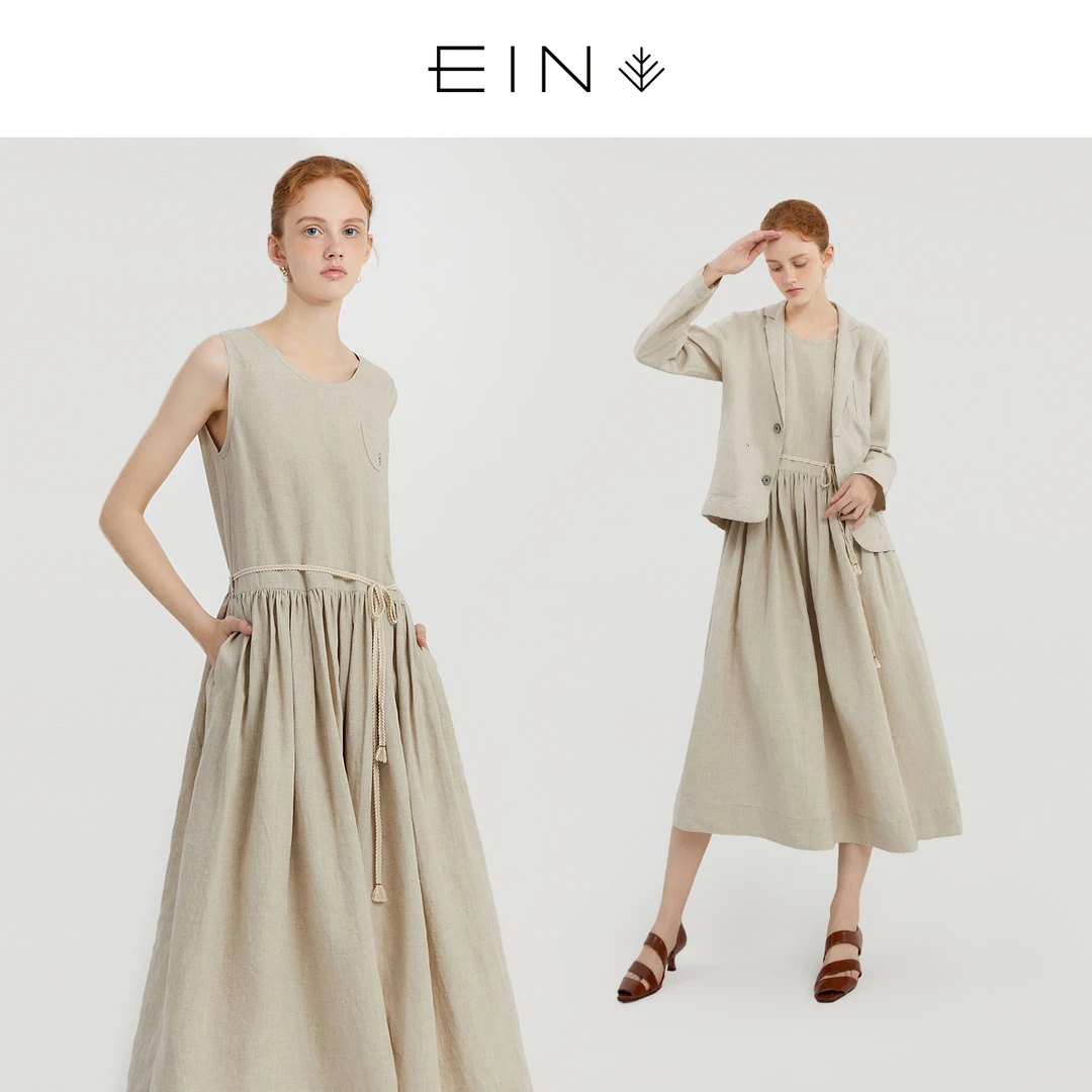 EIN/言【亚麻无染系列】2025春夏季文艺简约通勤系带无袖连衣裙