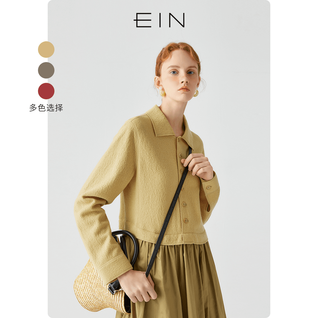 EIN/言刺绣翻领绵羊毛拼接美拉德连衣裙23早秋新款女通勤连衣裙