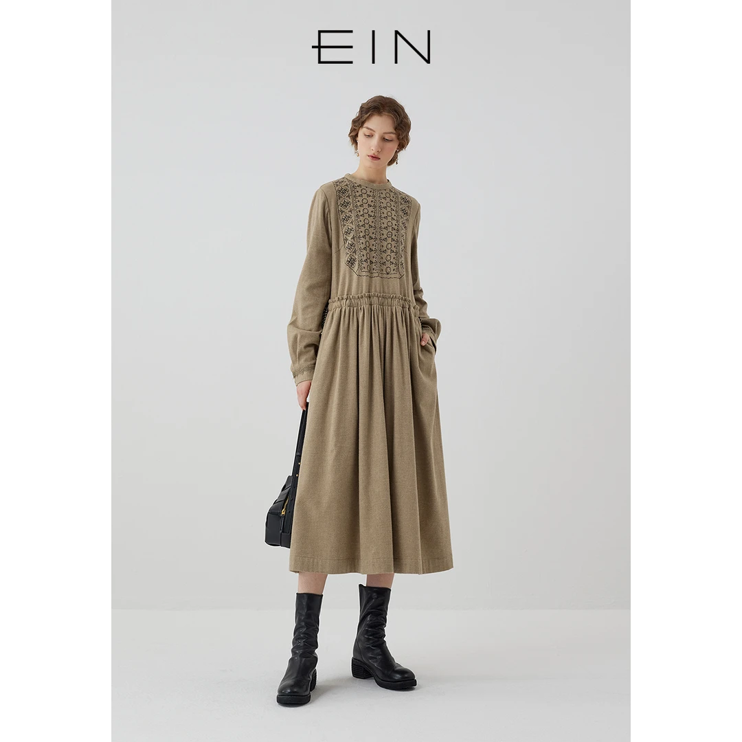 EIN/言宫廷风圆领手作全棉磨毛绣花流苏木耳边连衣裙24秋冬新款女