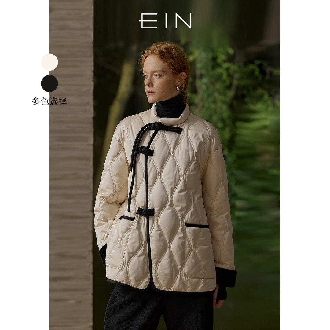 EIN/言奢雅新中式鸭绒盘扣斜襟撞色毛绒拼接立领羽绒服2025秋冬新