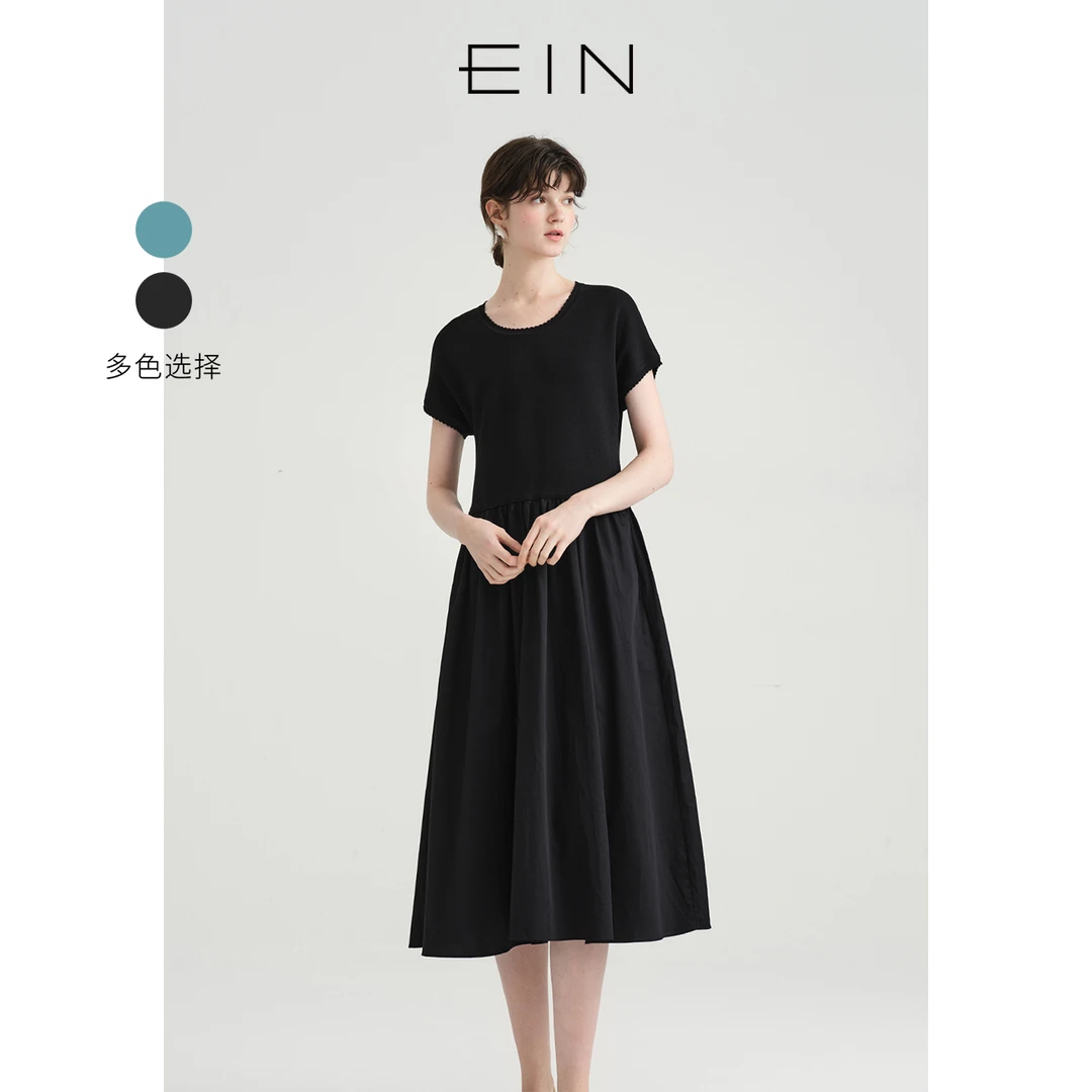 EIN/言文艺优雅水波纹圆领撞料针织拼接连肩袖连衣裙女25夏季款